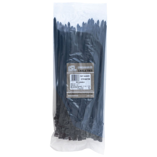 ISL 300 x 7.5mm UV Nylon Releasable Cable Tie - Blk - 100pk