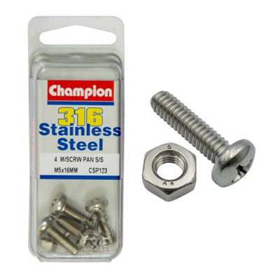 Champion Machine Screws Pan Phillips SS M5 x 16mm 316/A4-8pk